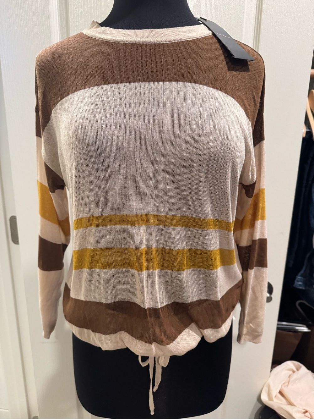 Striped Drawstring Lightweight Sweater - Brown, Cream & Mustard